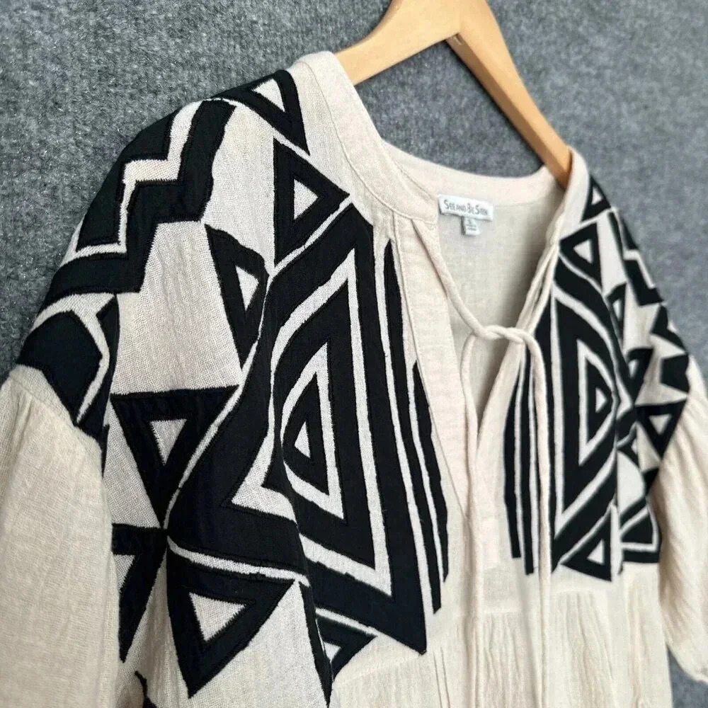 See And Be Seen Top Womens Small Cream Black Gauzy Geometric Peasant Boho Blouse - Picture 6 of 16